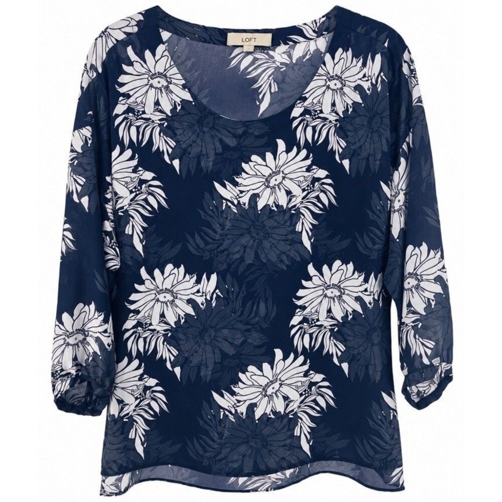 Ann Taylor Loft Chiffon Floral Blouse Women Medium 3/4 Sleeve Flowy Career